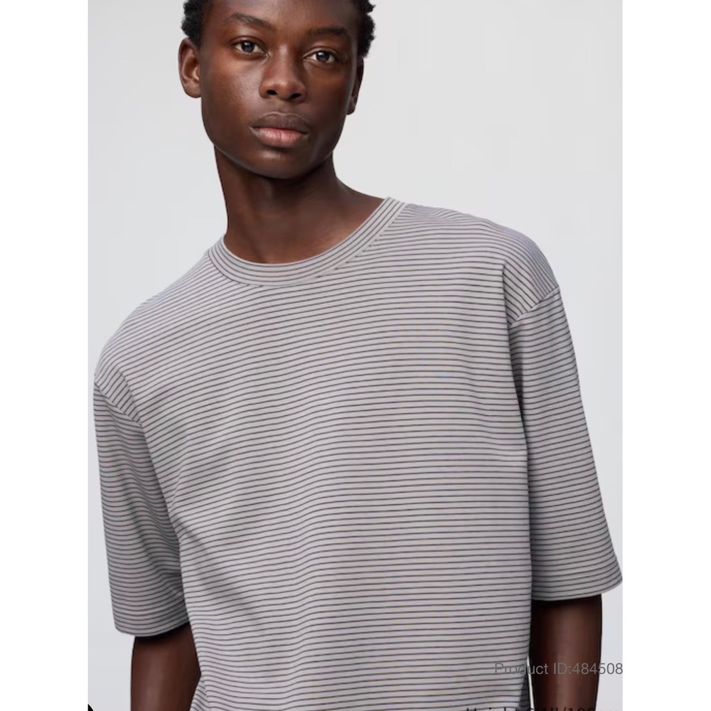 Uniqlo U AIRism Oversized T-Shirt Men Medium Grey Micro-Stripe 461914